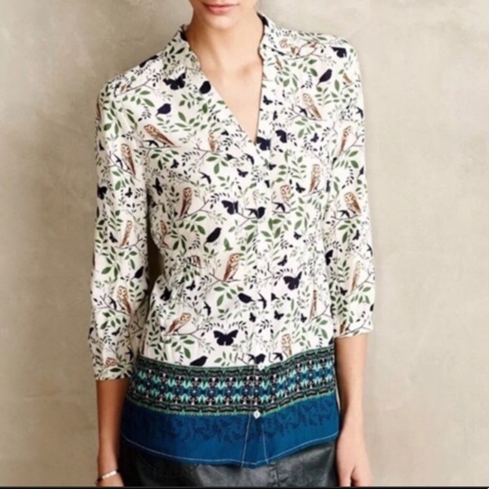 Anthropologie Maeve Woodland Owl Blouse